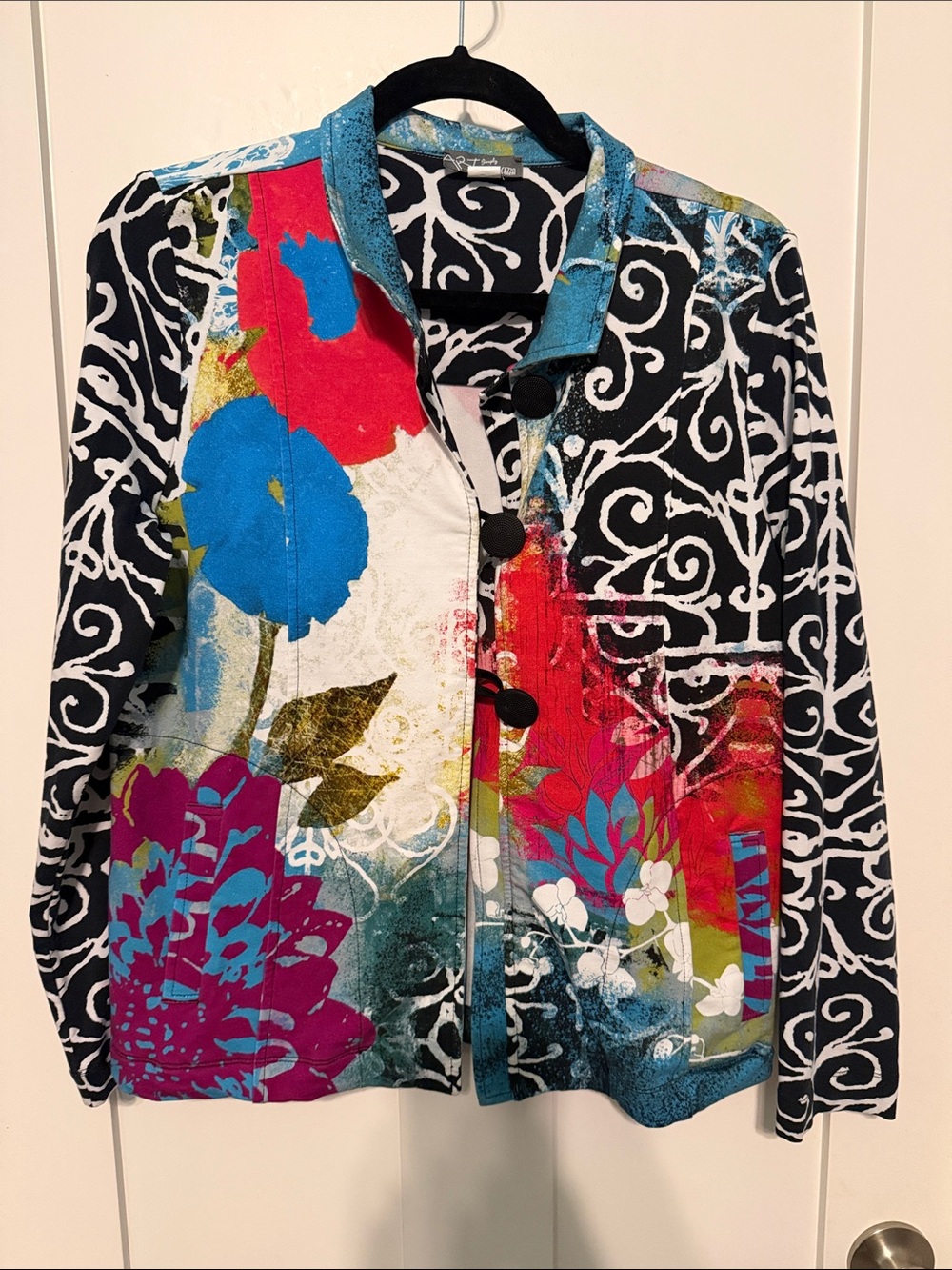 Art By Dolcezza Colorful Floral Mixed Media Pattern Art to Wear Button Jacket